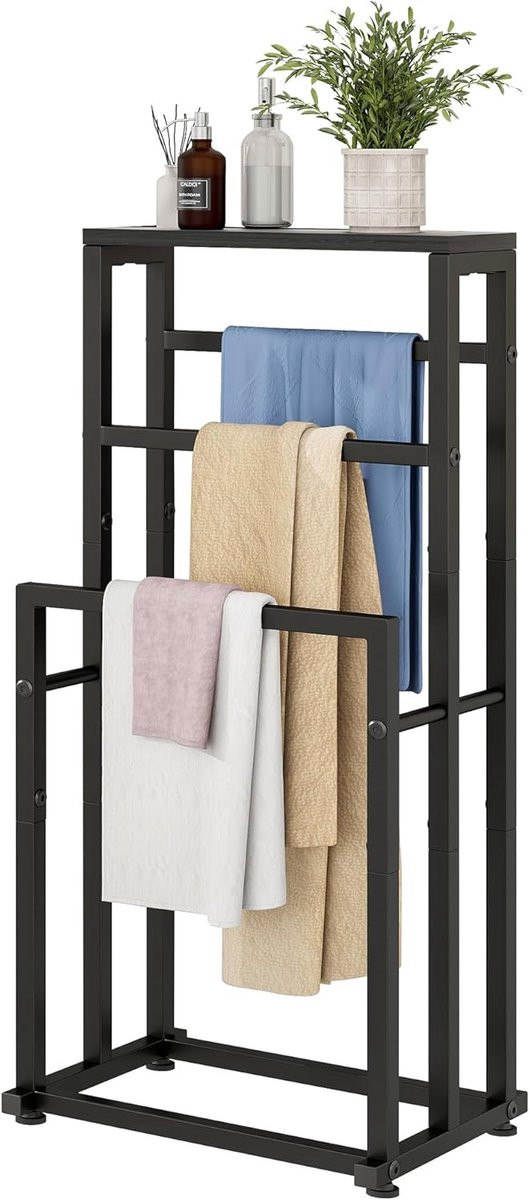 Zwart 3-laags metalen handdoekenrek en dekenladder voor badkamer, slaapkamer of woonkamer