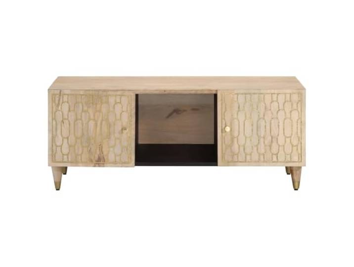 KTHLBRH Couchtisch 100 x 54 x 40 cm Massivholz Mango Mit Tür und Stauraum, handgeschnitztes Muster, gebleichtes Finish, Montage erforderlich