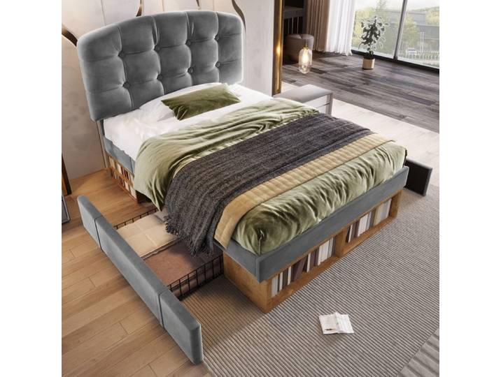 Lit simple 90x200 velours gris tête réglable