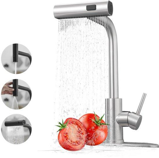 Benza Ibenzoa Keukenmengkraan met uittrekbare douche, 360 graden draaibaar, 3 straalstanden, roestvrij staal (SUS304)
