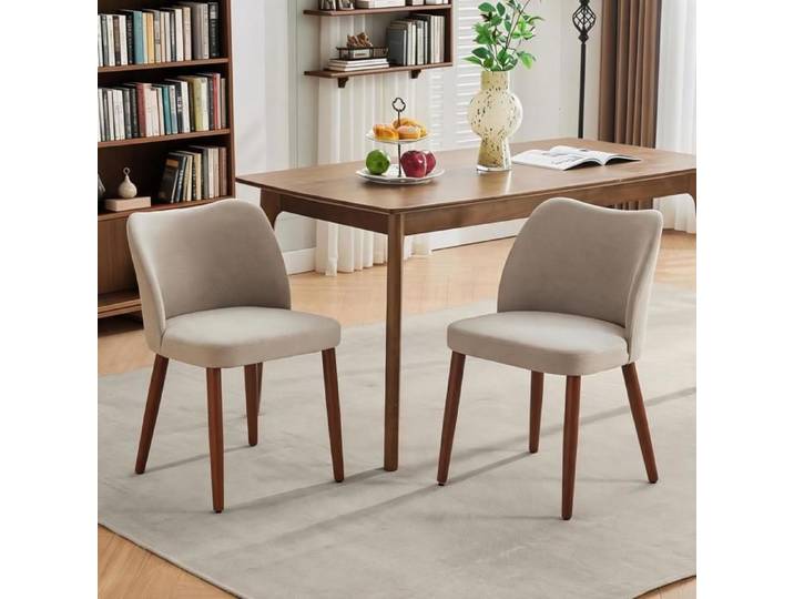 JoyGarden Chaises de salle à manger modernes - Lot de 2 lin dossier courbé assise épaisse 7cm pieds bois massif Camel