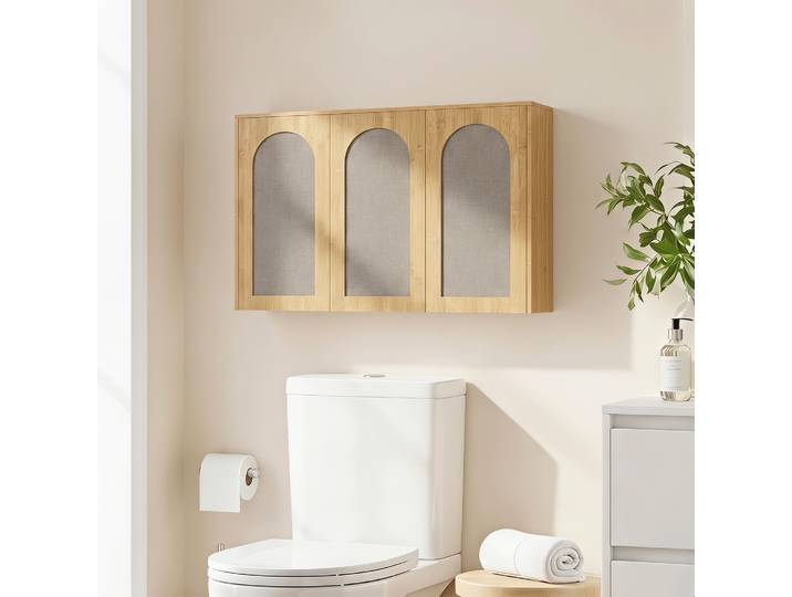 HOMCOM Armoire Murale Salle de Bain 3 Portes Effet Rotin Chêne