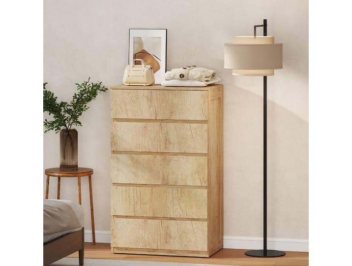 HOMCOM Commode 5 Tiroirs Bois Naturel Design Minimaliste