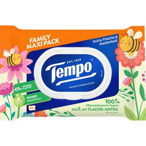 Tempo Feuchtes-Toilettenpapier Family Maxi Pack, extra Frische & Sauberkeit, für empfindliche Haut, 84 Tücher
