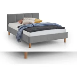 Meise Möbel Polsterbett Joker 120x200 cm | Bettgestell | Kopfteil mit tiefem Einzug | Strukturstoff Grau | Holzfuß eichefarbig
