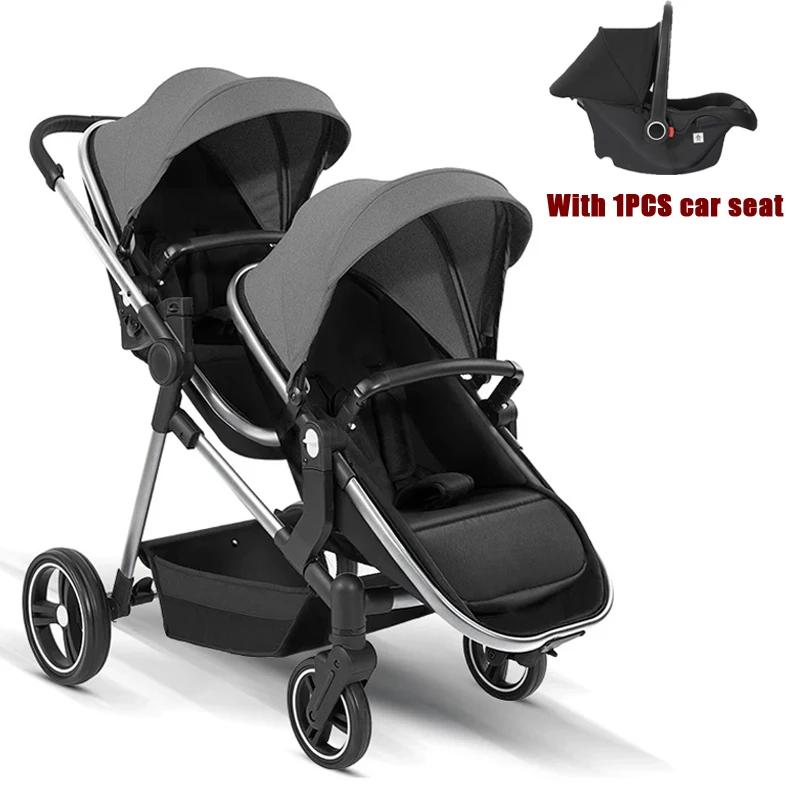 Zwillingskinderwagen - S-600 3-in-1 - Mit 1 Babyschale - Faltbar - Leicht - Leinenstoff - Für 0-3 Jahre - Grau