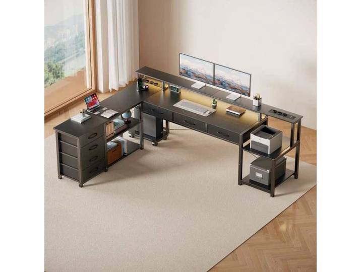 Bureau en L avec bande lumineuse LED tiroirs et étagères de rangement ports de recharge noir