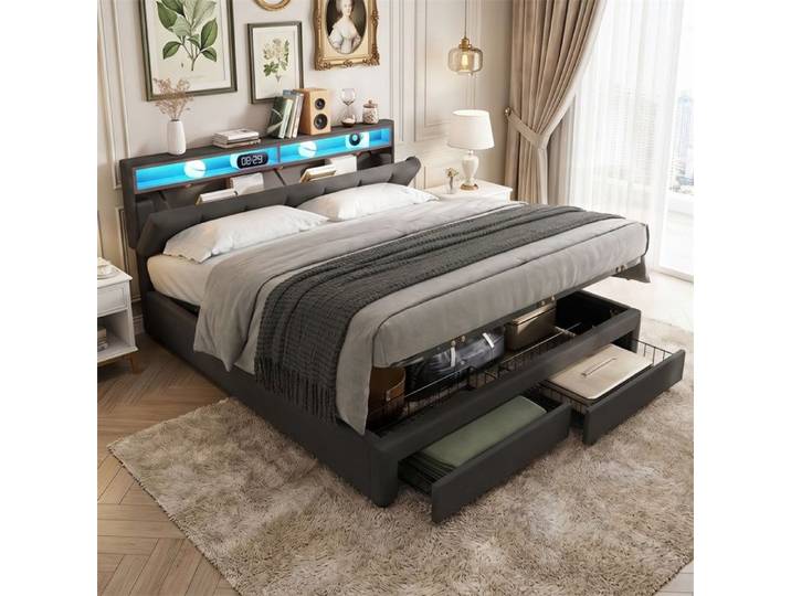 Lit double 180x200cm - Lit coffre 180x200cm avec Éclairage LED - Sans matelas - Lit adulte avec 2 Tiroirs - Gris