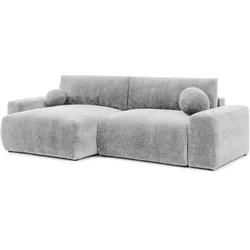 ECKSOFA Puffy mit Schlaffunktion und Bettkasten - weich und puffig aus Hellgrau Chenillegewebe mit markanter Struktur ist langlebig - Ottomane links