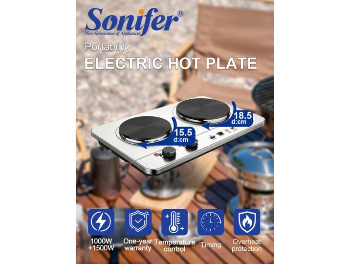Plaque chauffante électrique Sonifer SF-3073 2500W à double brûleur, panneau en acier inoxydable, température réglable, cuisinière pour la cuisine à domicile