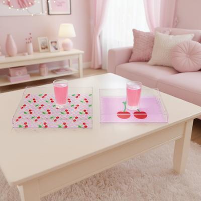 "American Art Décor 2-pc Acrylic Cherry & Pink Serving Trays with Handles - Decorative Set - 10"" x 14"""