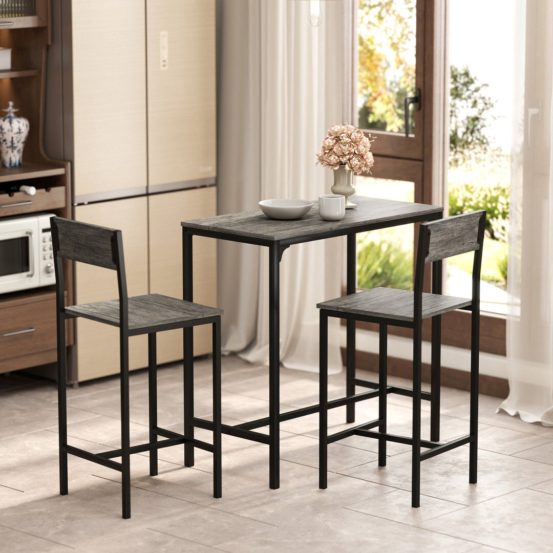 Borough Wharf HOMCOM Bar Table and Stools Set, Kitchen Table and 2 Chairs with Backrest, Footrest Charcoal Grey 2