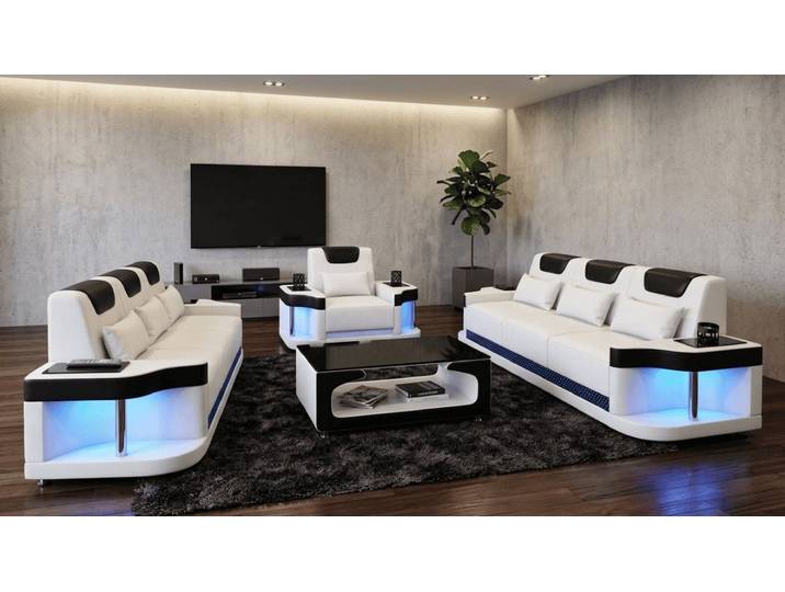 Xlmoebel Polstergarnitur Sofa Set 3+3+1 Modern Weiß Schwarz Premium LED Couchtisch Komfort, (Sofa set, 3-tlg., 3-tlg), LED-Beleuchtung, Stauraum