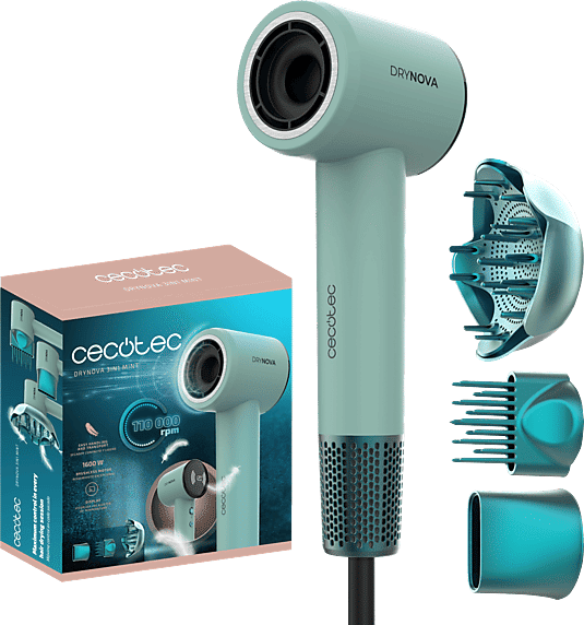 Secador - Cecotec DryNova 3in1, 1600 W, 4 Niveles de Temperatura, Regulación continua, Difusor incluido, 110000 RPM, Mint