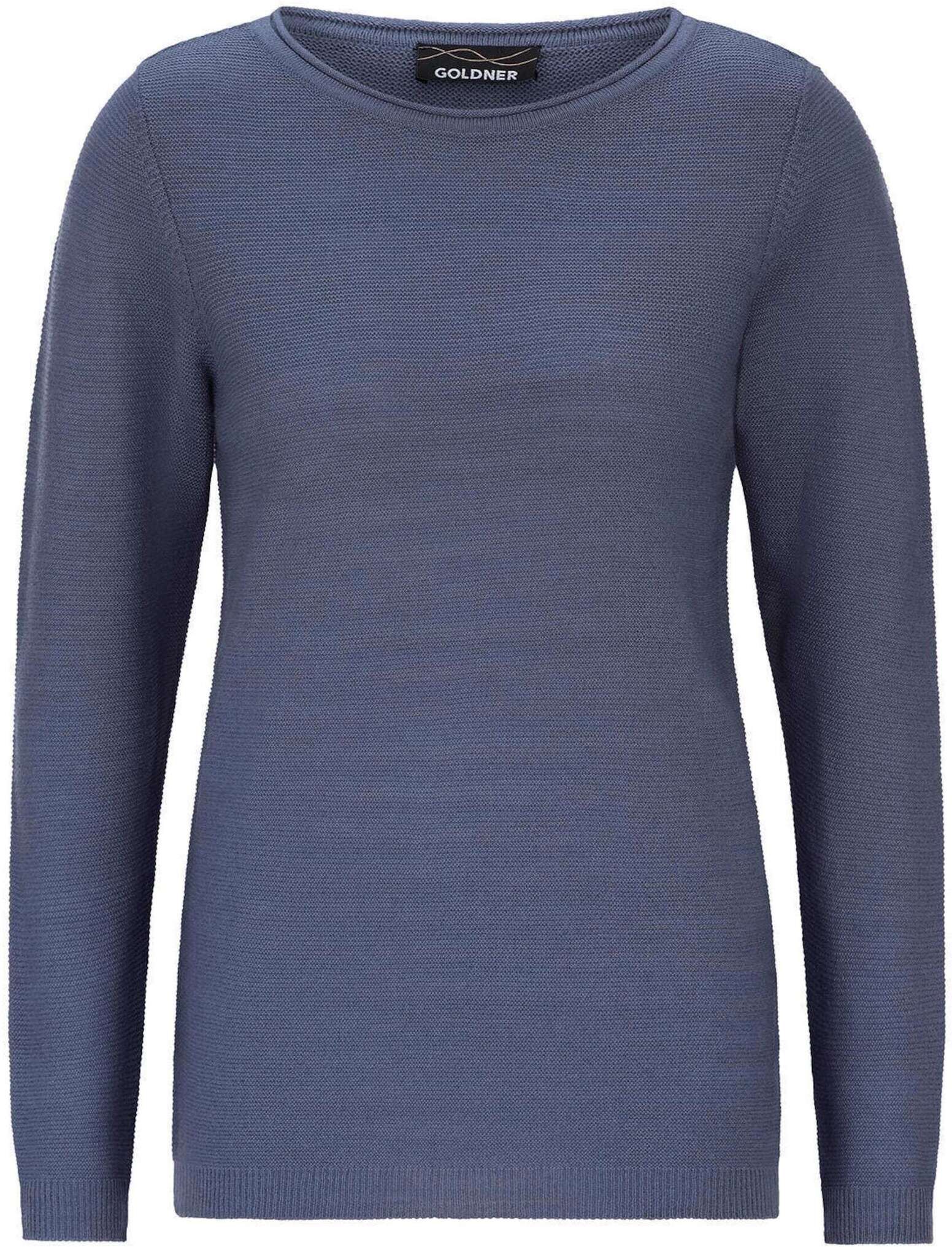 Rundhalspullover GOLDNER "Kurzgröße Strickpullover mit U-Boot-Ausschnitt", Damen, Gr. 19, blau (rauchblau), Obermaterial: 70% Polyacryl PAN. 30% Schurwolle WV., figurumspielend, U-Boot-Ausschnitt, Gerade, Pullover Rundhalspullover, rollbündchen am Ausschn