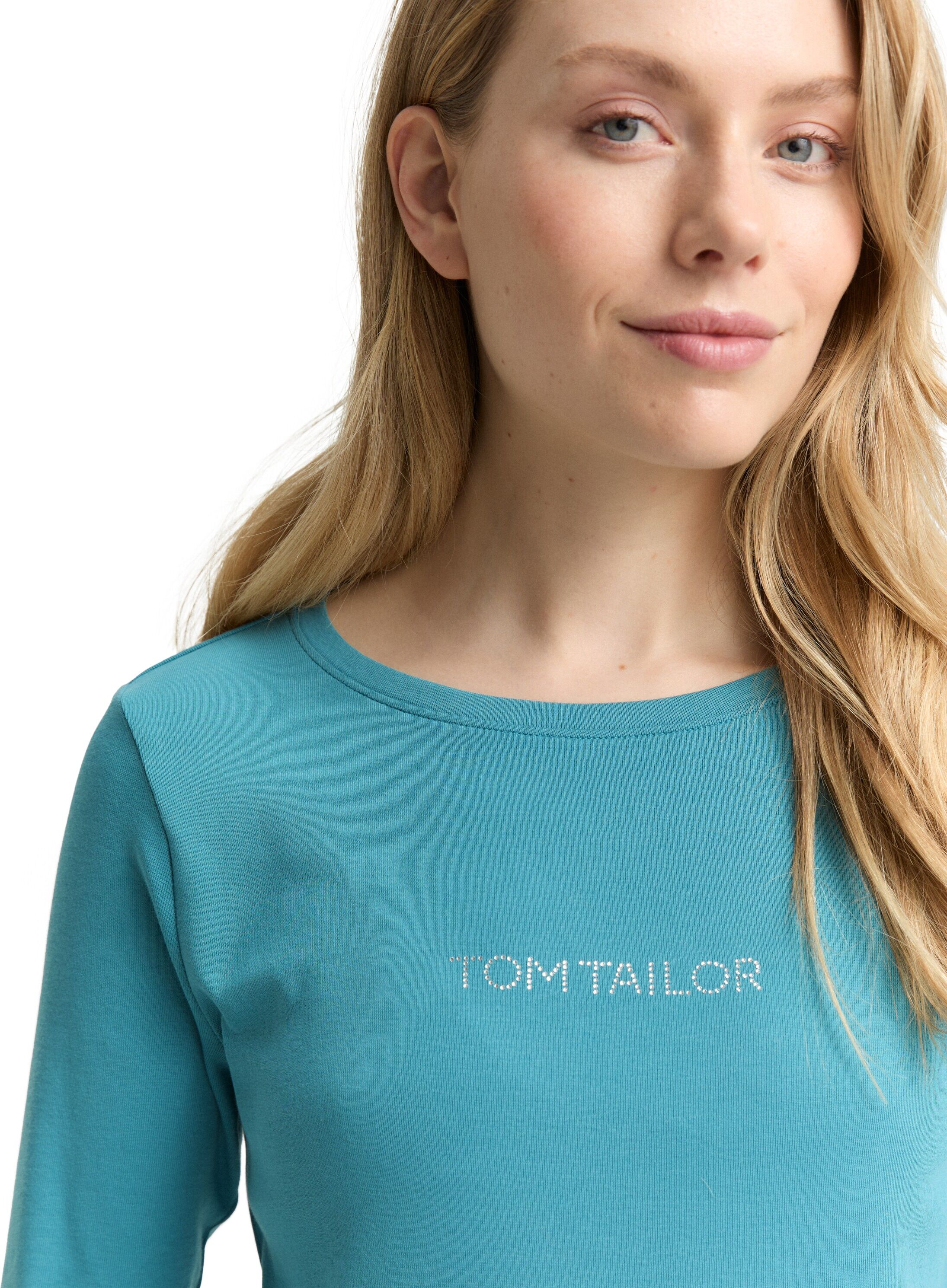 3/4-Arm-Shirt TOM TAILOR, Damen, Gr. XXL, tropical teal, Web, Obermaterial: 97% Baumwolle, 3% Elasthan, unifarben, slim fit normal, Rundhals, gerader Abschluss, Shirts 3/4-Arm-Shirt, mit Logo Schriftzug tropical teal XXL