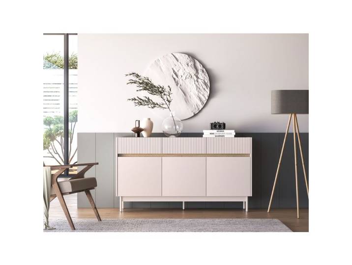 Buffet 3 portes avec 3 tiroirs – DUNEA – Gris cachemire/aspect chêne – 154 cm