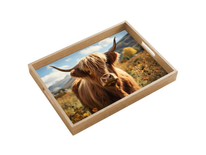 OnlyWow Tablett Schottische Highlander - Blumen - Hörner - Wolken 50x35 cm, Braun, Holz, Echtholz,Eiche, Rechteckig, 50x5x5 cm, Geschirr, Tischkultur & Serviergeschirr, Tabletts