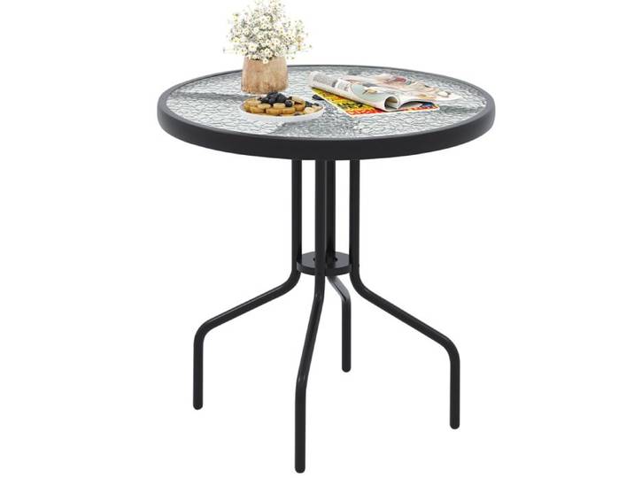 Table de Jardin Ronde 70 CM COSTWAY Plateau en Verre Trempé Ondulé Trou de Parasol Cadre en Métal pour Terrasse Véranda Cour