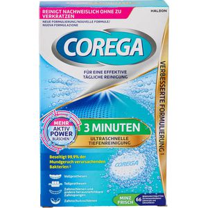 Corega Gebissreiniger Tabs 3 Minuten, Minz Frisch, Ultraschnelle Tiefenreinigung, 66 Tabs