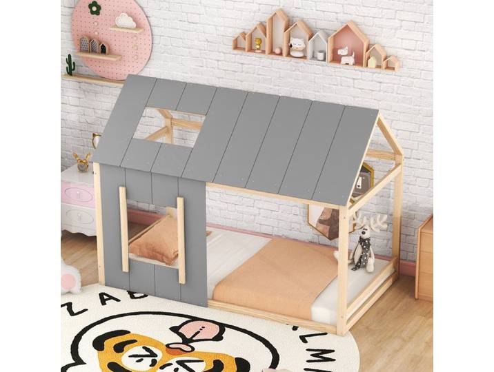 Lit enfant 90x200avec sommier à lattes lit enfant en forme de maison lit cabane simple avec toit et fenêtres naturelle + gris.