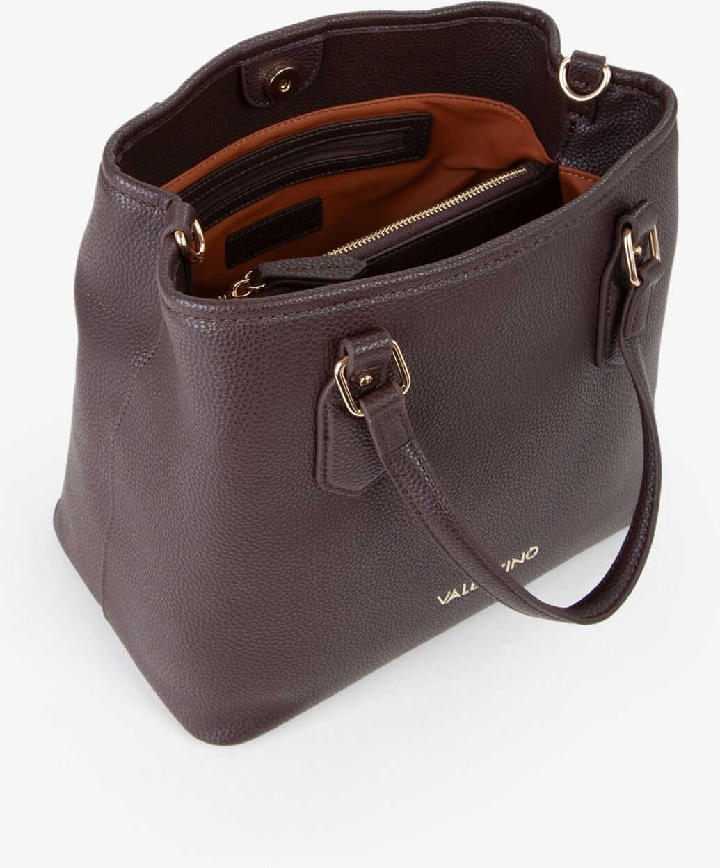 Shopper VALENTINO BAGS "BRIXTON", Damen, Gr. B/H/T: 28cm x 24cm x 17cm, braun (dunkelbraun), Lederimitat, Taschen Shopper, Damen Handtasche, Umhängetasche Schultertasche mit edlem Logo dunkelbraun B/H/T: 28cm x 24cm x 17cm