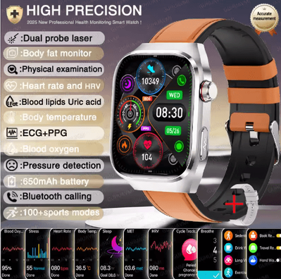 Inspire Picks VitaSense Pro AI Health Smartwatch ECG PPG Blood Pressure & Uric Acid Monitor brown Leather