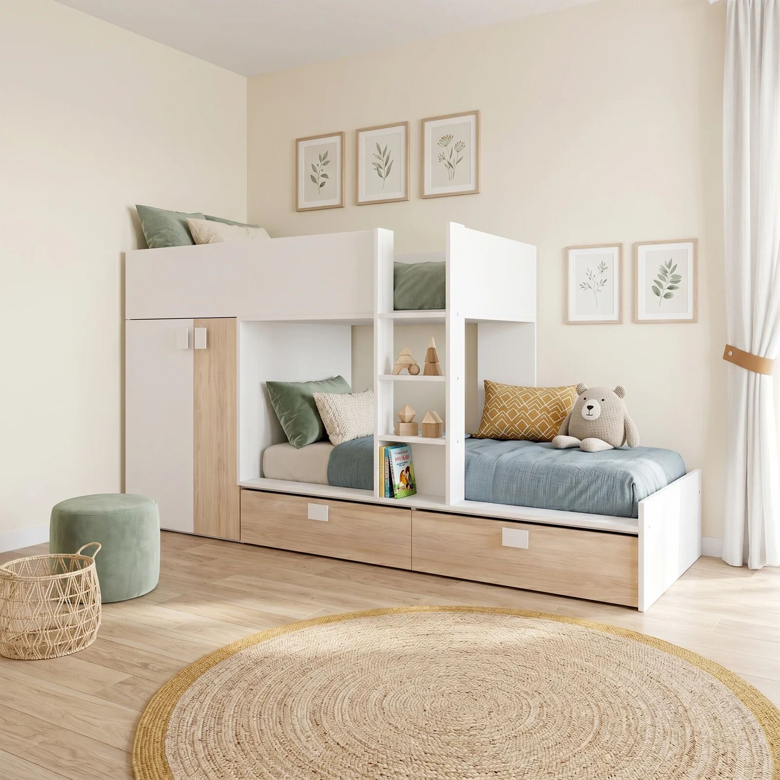 garneroarredamenti Cameretta 275x106cm bambini 2 letti reversibile rovere bianco opaco a soppalco Clark