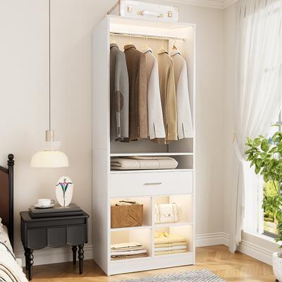Rackcog 25'' W Freestanding Closet System with 2 Wooden Drawers and Adjustable Shoes Rack and Hanging Rod,Walk-in Closet Organizer