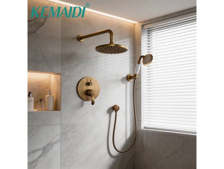 Système de douche mural en laiton antique KEMAIDI, ensemble de robinetterie de douche encastrée, pomme de douche à effet pluie avec douchette à main