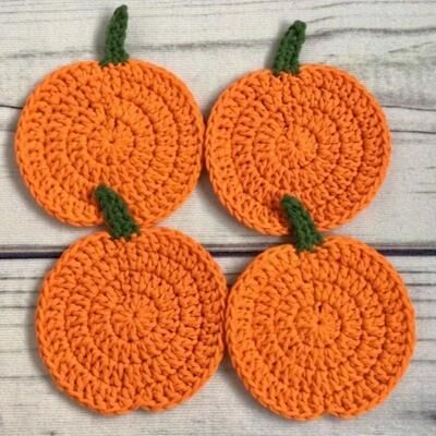 Uplifted Finds Handmade Autumn Crochet Pumpkin Coasters Set For Fall Table Decor And Drink Protection 4 Pcs