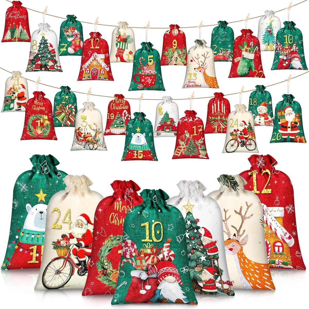 Kerst Adventskalender 2025 - 24 Herbruikbare Jute Cijfertasjes met Trekkoord en Clips - DIY Kerstcountdown Kit