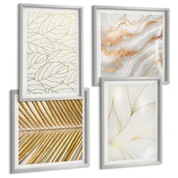 BILDER SET 4er Set - 50x50 cm & 40x60 cm Silberner Rahmen - Blattmuster Marmor abstrakt