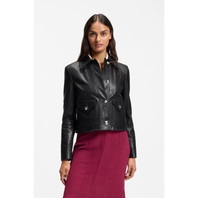 Lederjacke BOSS ORANGE "Sakara Premium Damenmode", Damen, Gr. 42, schwarz 001, Obermaterial: 100% Ziegenleder, unifarben, regular fit hüftlang, Jacken, mit Spitzkragen und Pattentaschen, Regular Fit