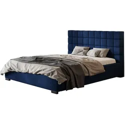 POLSTERBETT Porto mit Kopfteil, 120x200 cm, Doppelbett mit Bettkasten und Lattenrost aus Holz, Velourstoff Dunkelblau