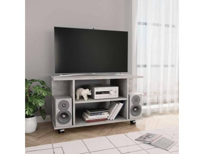 HEFZGDB TV-Schrank mit Rollen Betongrau 80x40x45 cm Holzwerkstoff mit 4 offenen Regalen und 4 Rollen, inklusive 2 arretierbaren für Mobilität und Stabilität, ideal als Medienregal