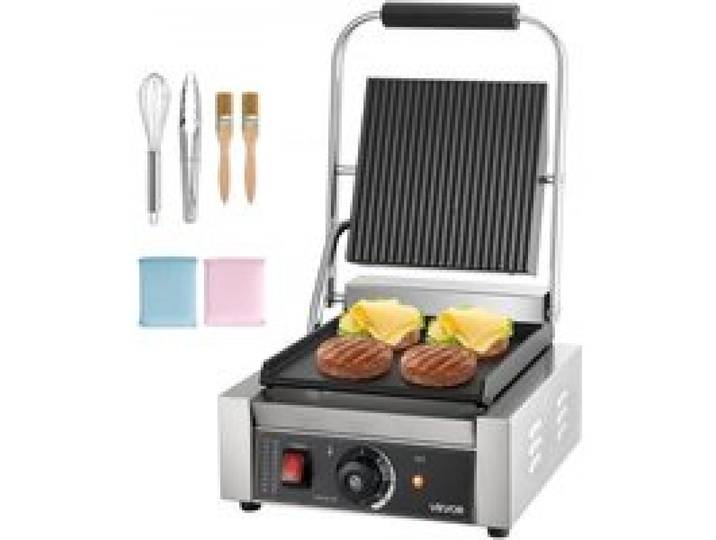 VEVOR Kommerzieller Kontaktgrill 1800 W Elektrogrill Sandwichmaker Panini Presse aus Edelstahl mit Griff & Temperaturregelung, 22 x 23 cm flache Emailleplatte (Einzel), für Hamburger Steak Speck