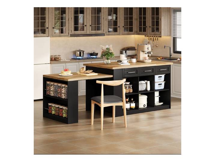 OKWISH Esstisch Multifunktionale Kücheninsel,ausziehbarer Esstisch (Multifunktionale Kücheninsel mit ausziehbarem Esstisch (96 cm), integrierten Stauraum, weißer marmorierter Holzarbeitsplatte – perfekt für Familienküchen und Potluck Dinners, 1-St., L 150x B 90 x H 90cm)