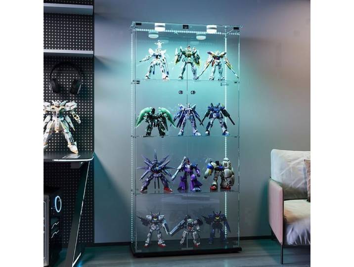 Vitrine en Verre avec Led 4 étagères porte verrouillable rangement figurines trophées livres décoration maison