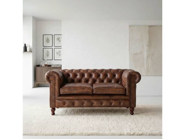 Canapé Chesterfield en cuir véritable marron 2 places - Edward