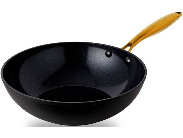 Wok HENSSLERS HSN , schwarz, B:29cm H:8cm L:51cm Ø:28cm, Pfannen, Wok, BLACK CERAMIC Antihaftbeschichtung, goldener Edelstahlgriff, Induktion