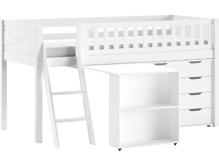 Spielbett VIPACK, weiss (weiß), B:134,7cm H:114cm L:206,7cm, Das Bett ist Kiefer massiv;Die Beimöbel MDF, Betten, Spielbett, mit viel Funktion auf kleinem Raum, LF 90x200 cm, Kiefer weiss lackiert