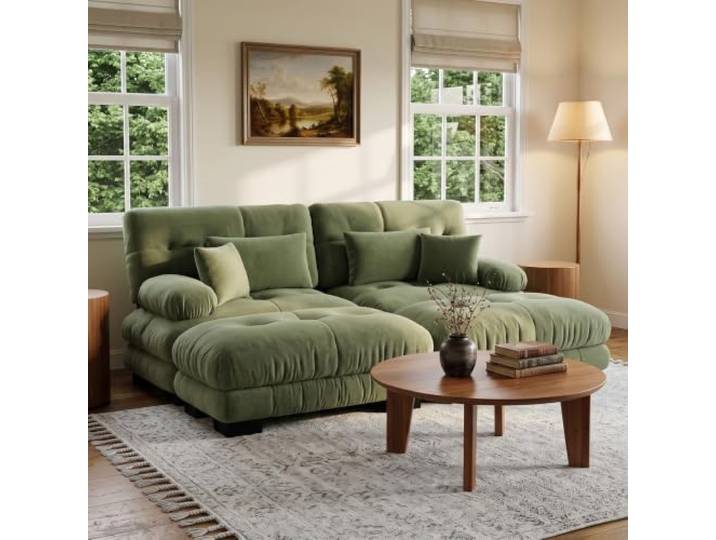 SoarTalent Modulsofa 2-Sitzer 220 cm mit 2 Hockern, Modular in U-Form, Chenille-Stoff, Holzgestell, Grün