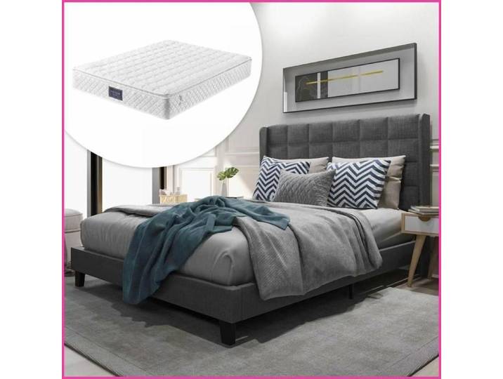 Lit Capitonné Double 140x200cm Grau Lin - avec Matelas à Ressorts & Tête Capitonné