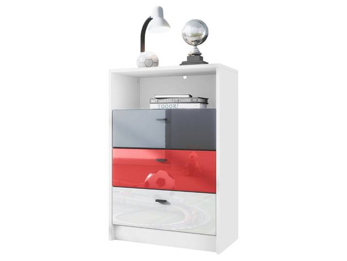 Vladon Kommode Pino V2 (Anrichte, mit 3 Schubladen), Fußball Liga Frankfurt - Schwarz, Rot Hochglanz & Weiß (56x86,5x36 cm)