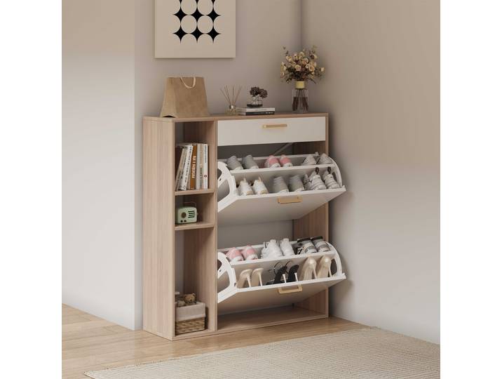 Meuble à chaussures en bois avec étagères réglables, 2 tiroirs rabattables, organisateur de rangement pour chaussures, armoire à chaussures