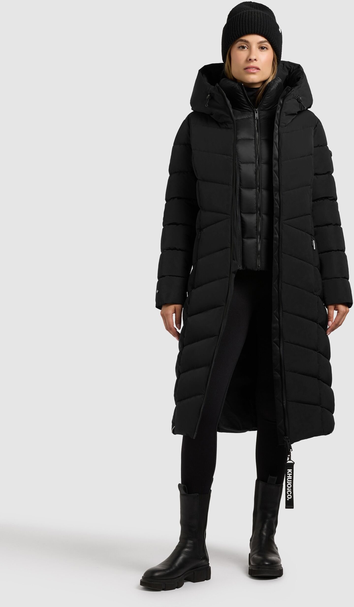 Steppmantel KHUJO "FISKA 2IN1 (EINSATZ HERAUSNEHMBAR)", Damen, Gr. M, schwarz, 100% Polyester, unifarben, regular fit wadenlang, eingesetzt elastischer Bund mit Windstopper, Mäntel Steppmantel