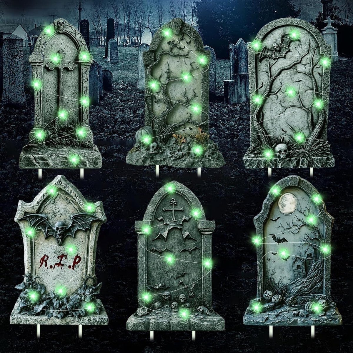 KIKVTER Halloween Decoratie Set met 6 RIP-grafstenen en 3m Lichtketting voor Buiten en Tuin