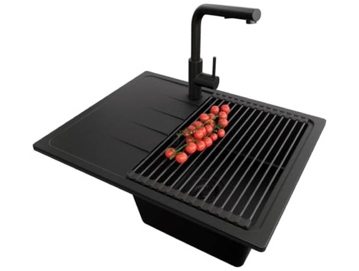 PRIMAGRAN Granitspüle ab 40er Unterschrank + Küchenarmatur, 62x50cm Set: Küchenarmatur BW3010 + Ablauf-Set + Abtropfmatte + Spülbecken 1 Becken - Mailand, Alles Schwarz