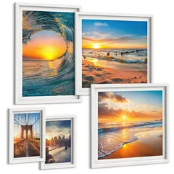 BILDER SET 5er Set - 50x50 cm & 20x30 cm & 40x60 cm Weißer Rahmen - Brücken, Sonnenuntergänge, Stadt